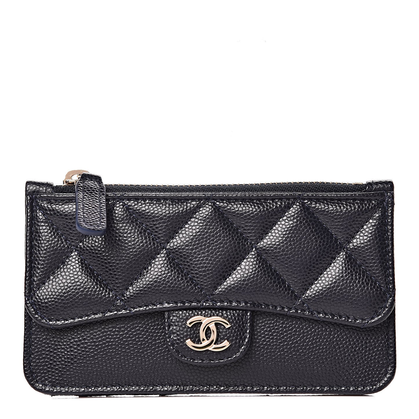 Caviar Quilted Flap Zip Card Holder Navy Blue