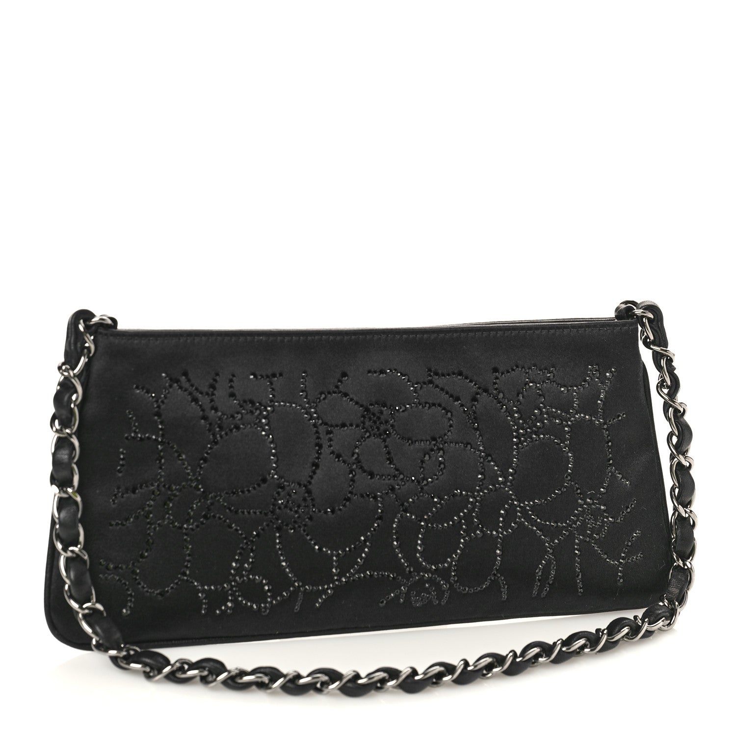Chanel Satin Crystal Camellia Evening Bag Black 3 of 9