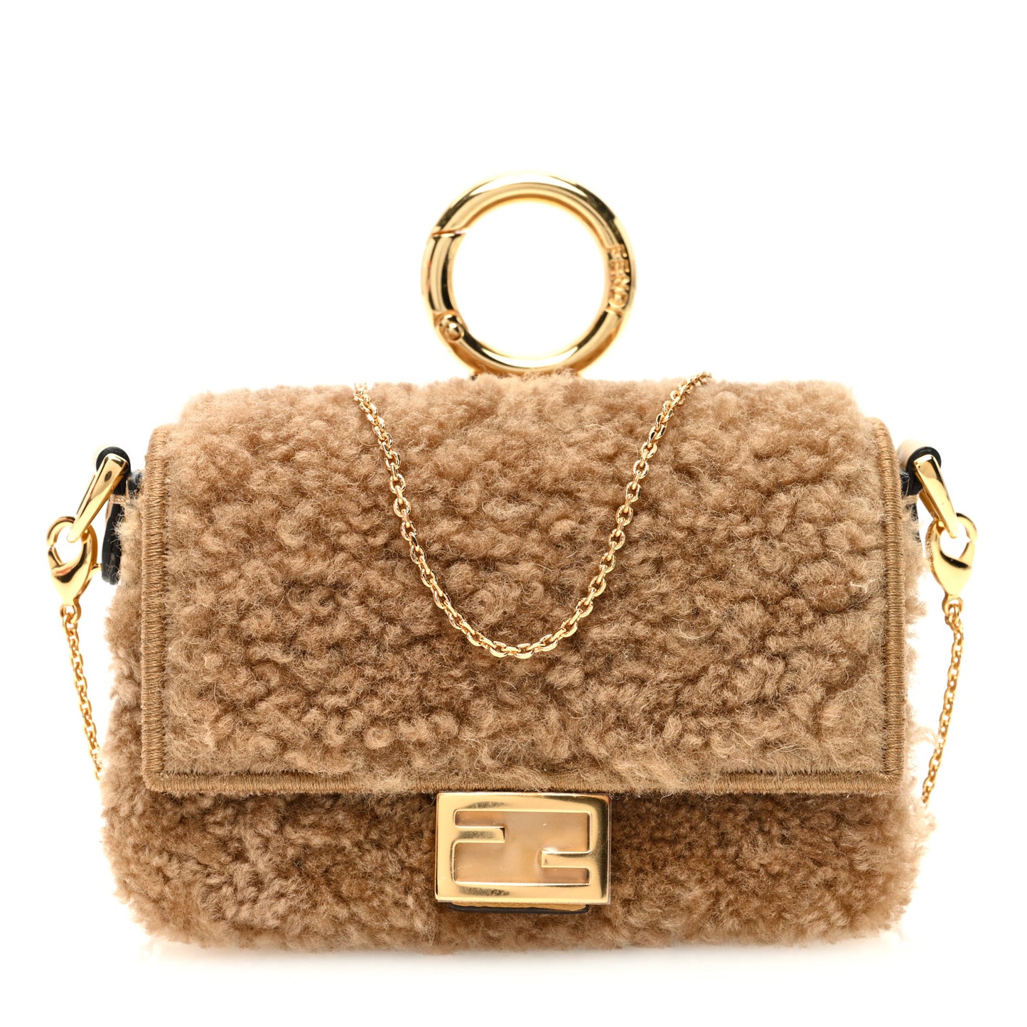 Curly Shearling Shiny Nappa Nano Baguette Charm Camel