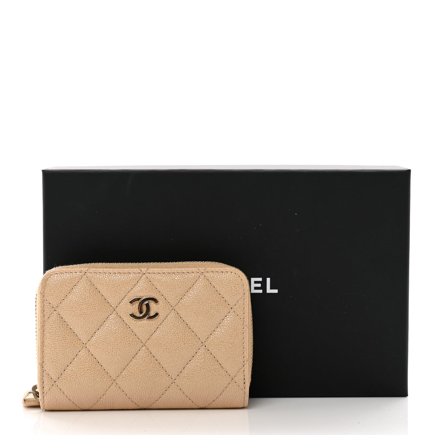 Iridescent Caviar Quilted Zip Around Coin Purse Beige
