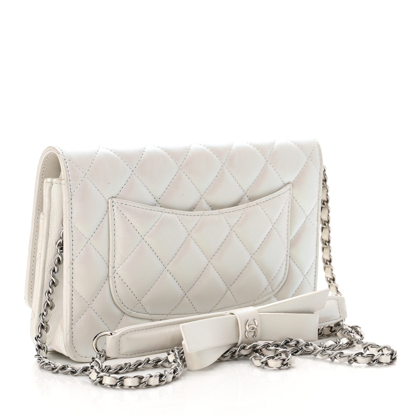 Lambskin Quilted Coco Bow Wallet On Chain WOC White