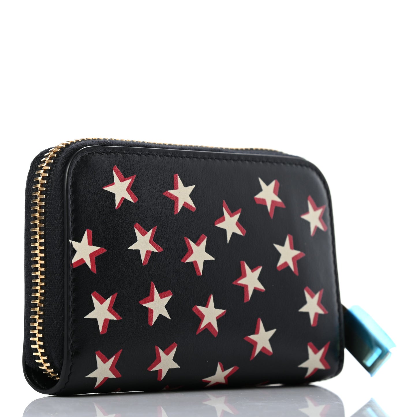 Calfskin Star Print Compact Zip Coin Purse Black Ivory Red