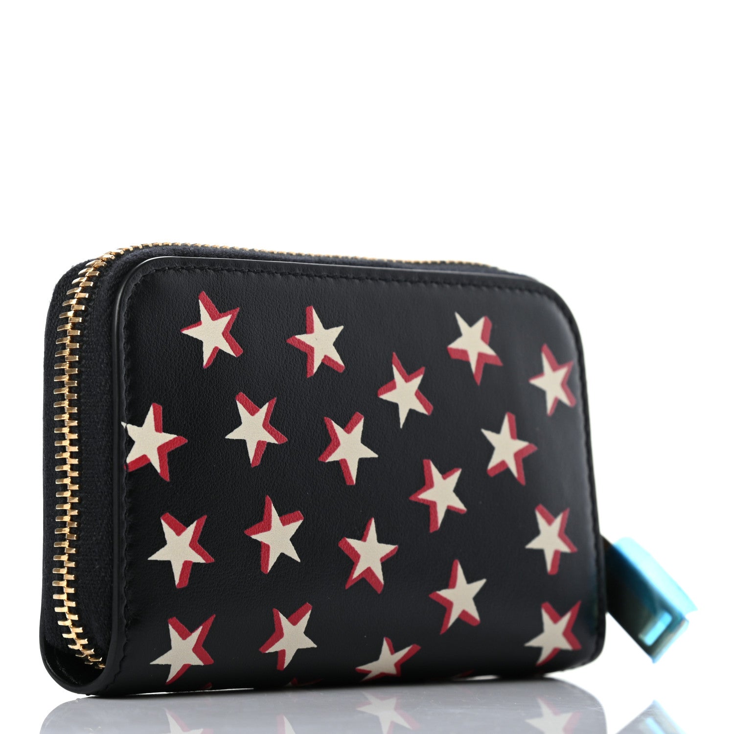Saint Laurent Calfskin Star Print Compact Zip Coin Purse Black Ivory Red 2 of 6