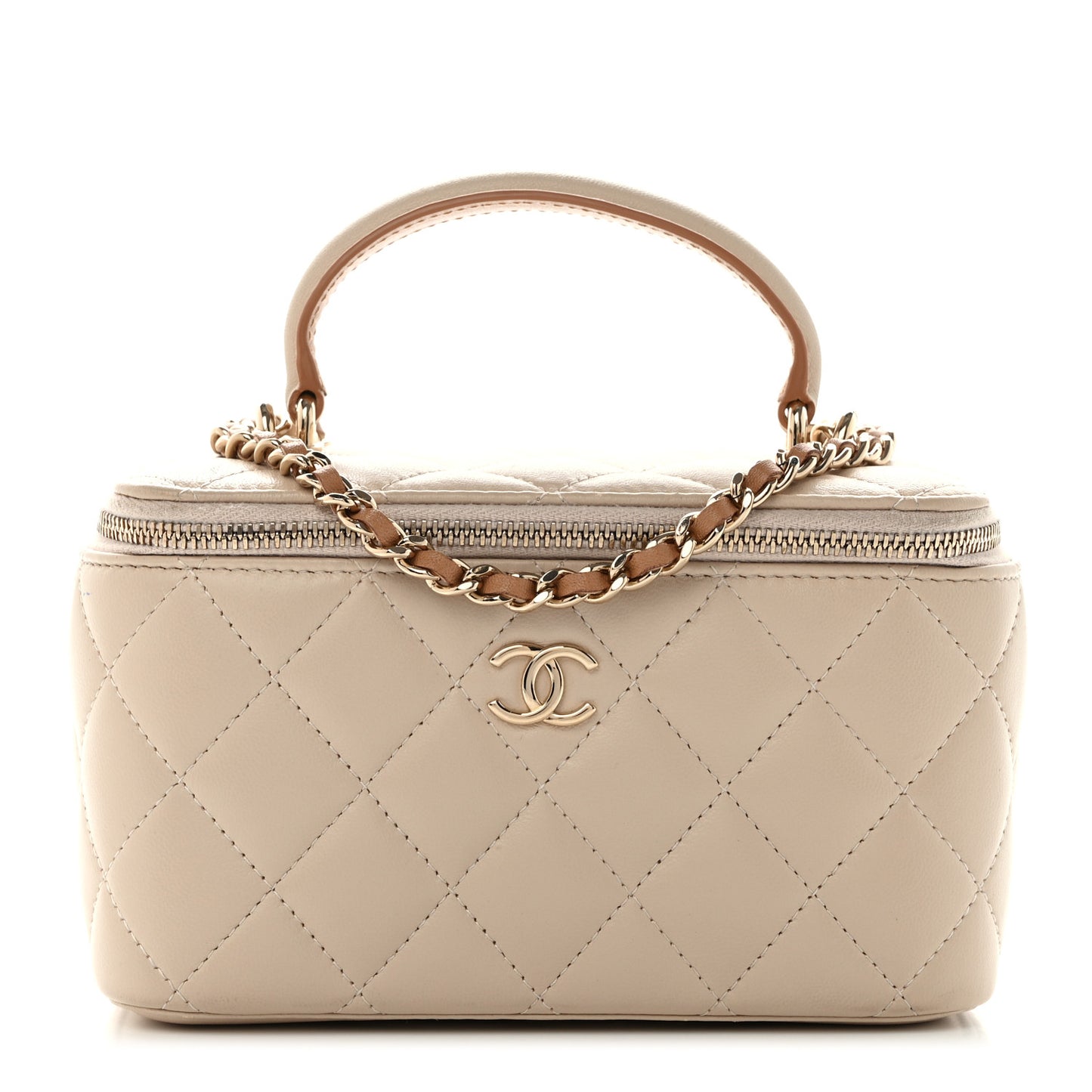 Lambskin Quilted Small Top Handle Vanity Case With Chain Ecru Dark Beige