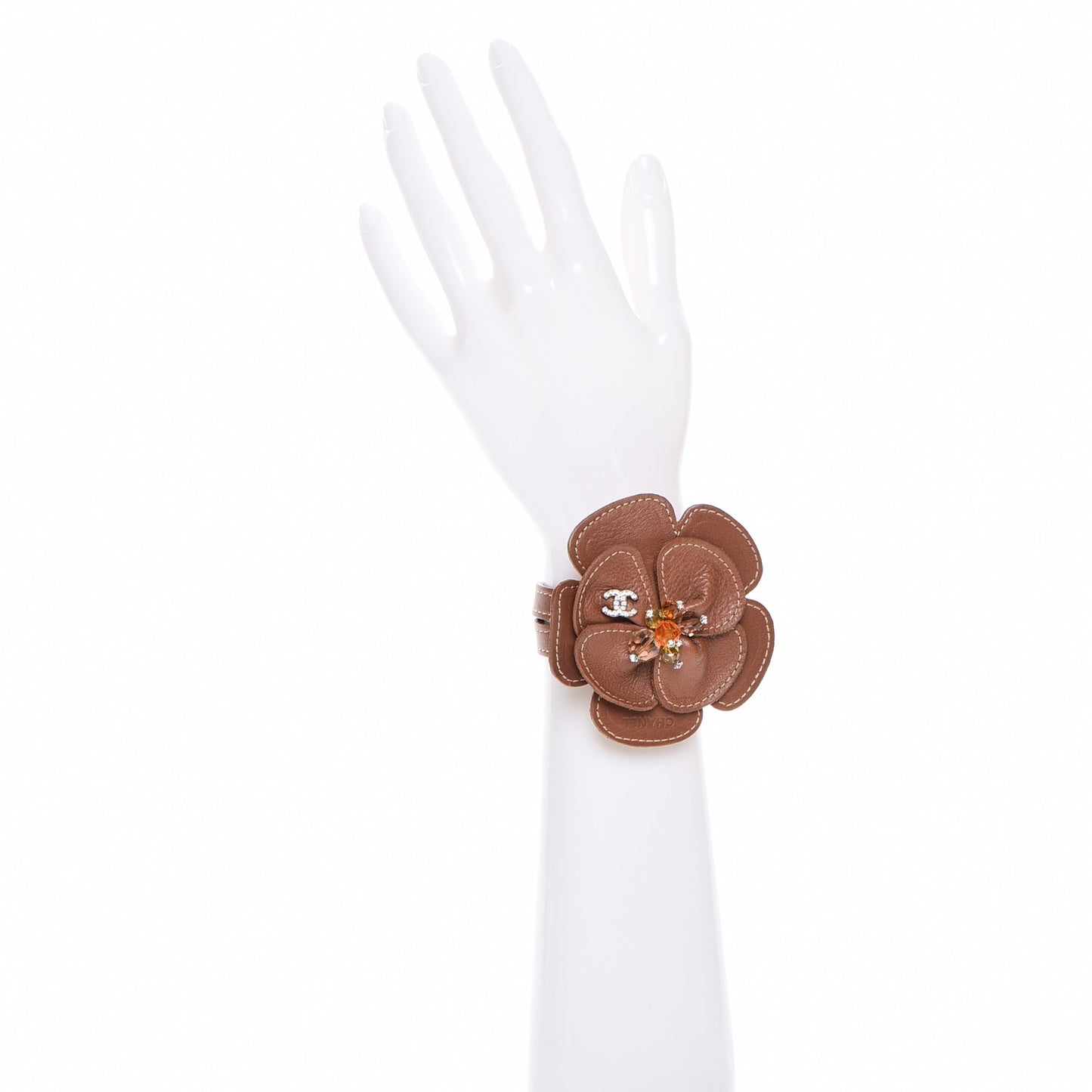 Calfskin Crystal Camellia Double Wrap Bracelet Brown