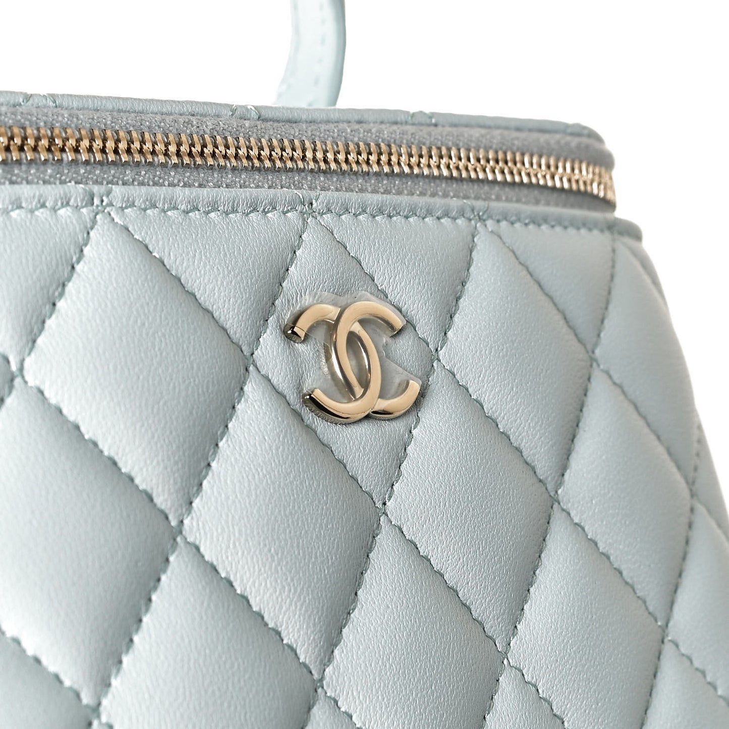 Lambskin Quilted Small Top Handle Vanity Case With Chain Light Blue