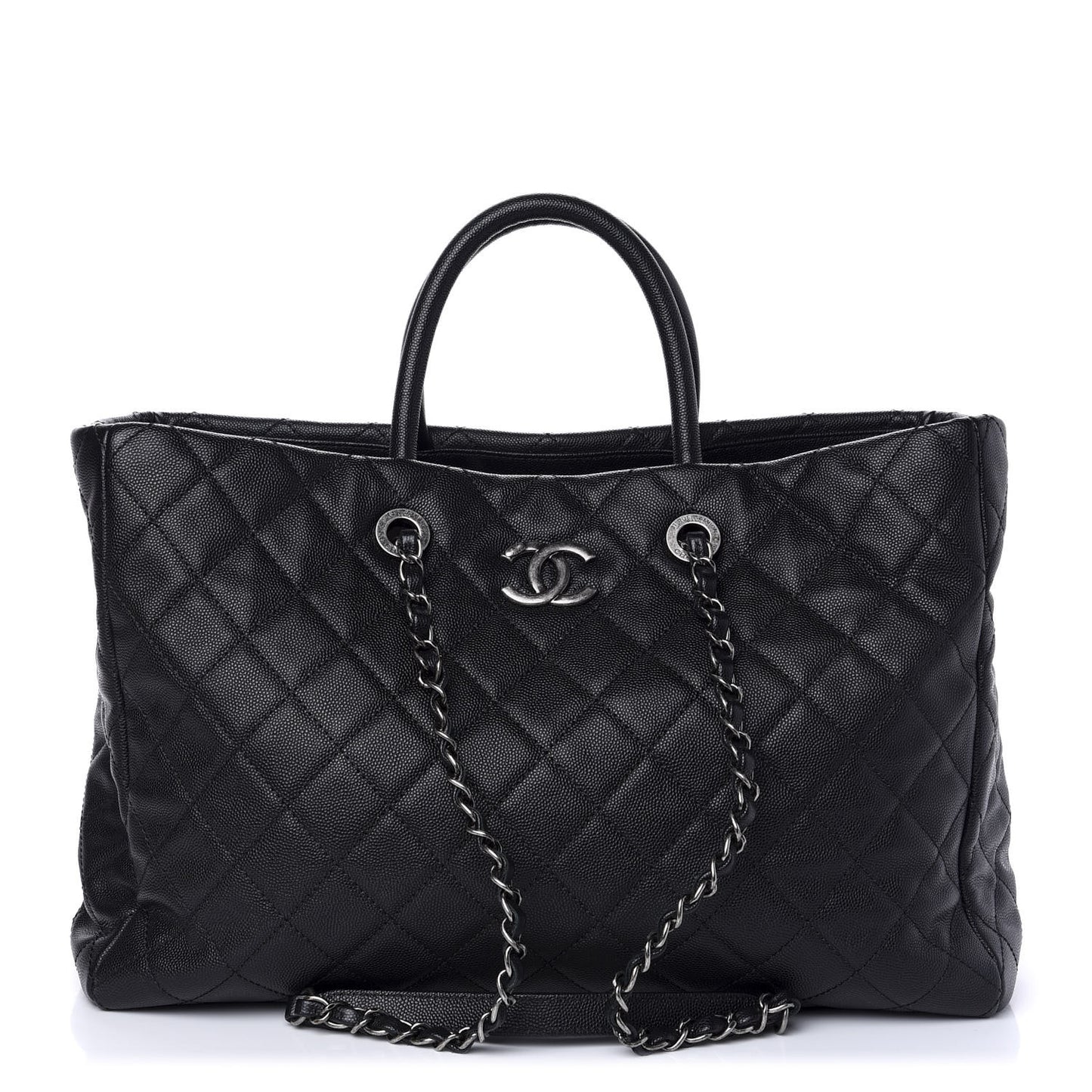 Caviar Quilted Large Coco Handle Shopping Tote Black