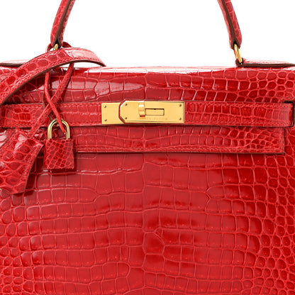 Hermes Shiny Porosus Crocodile Kelly Sellier 28 Rouge Vif 8 of 17