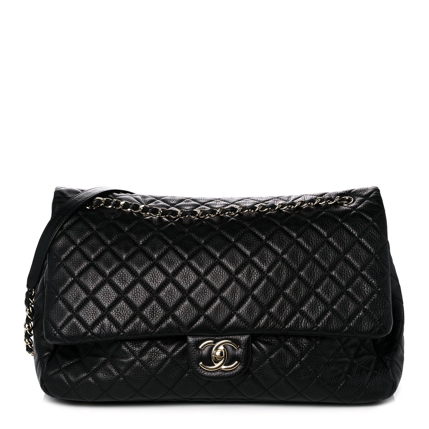 Calfskin Quilted XXL Travel Flap Bag Black