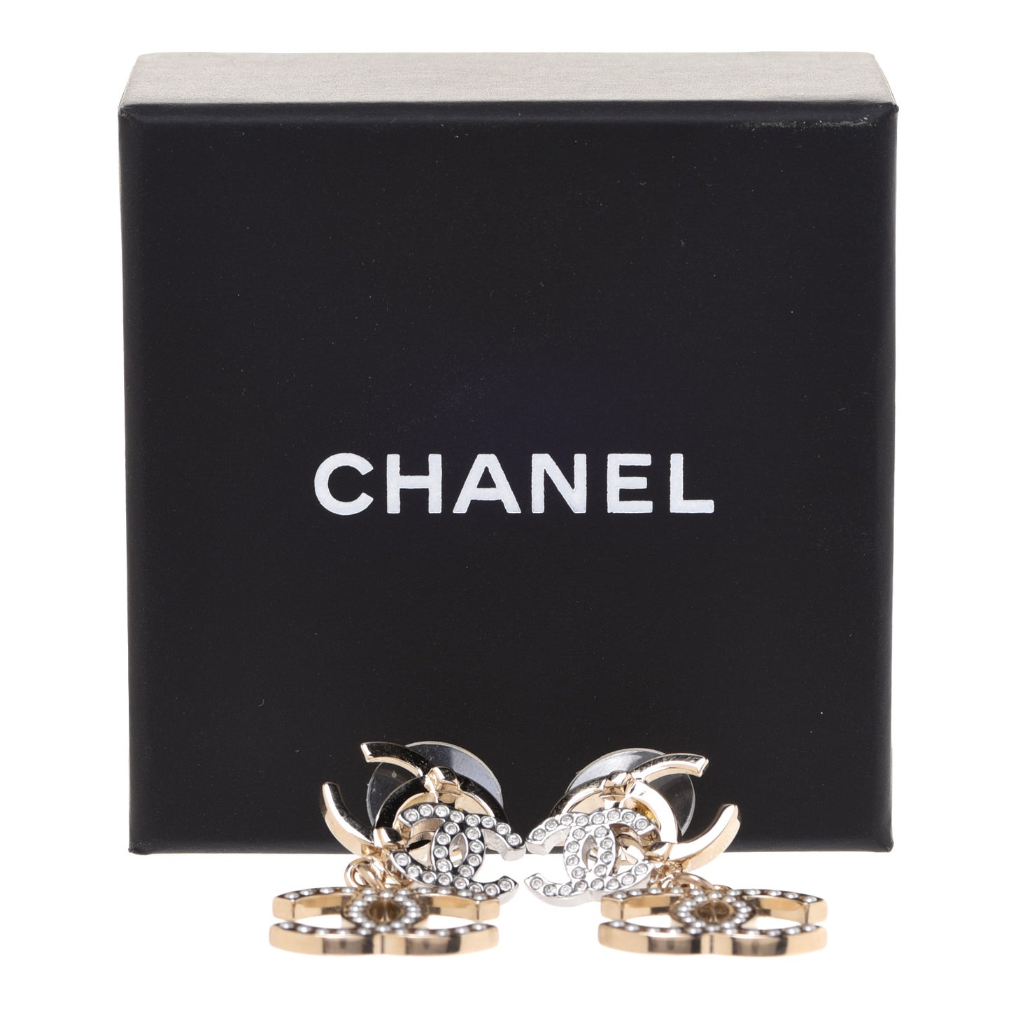 Crystal Pearl Double CC Drop Earrings Gold Silver