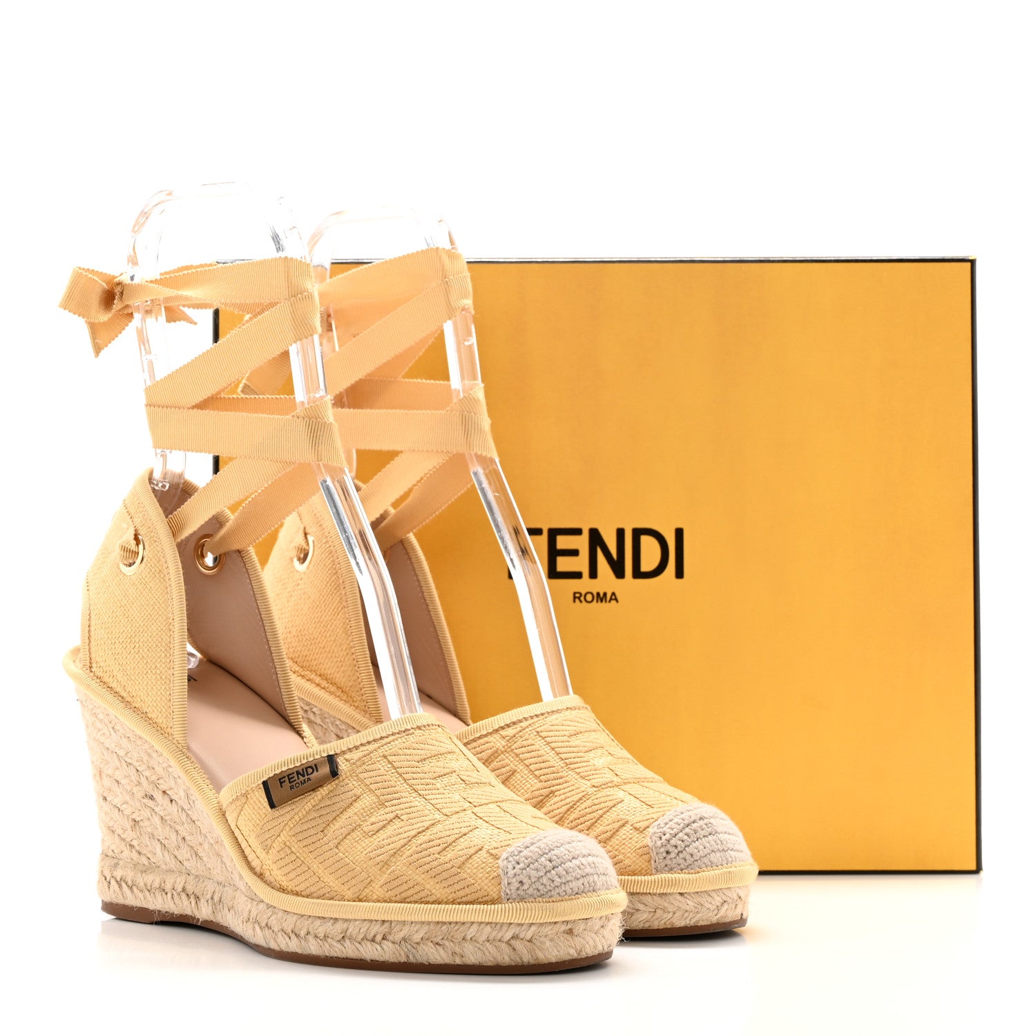 Fendi Rafia FF Embroidered Roma Ankle Wrap Espadrille Wedges 38 Natural 11 of 11