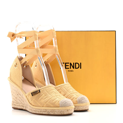 Fendi Rafia FF Embroidered Roma Ankle Wrap Espadrille Wedges 38 Natural 11 of 11