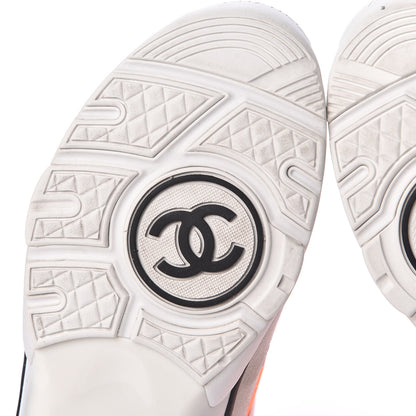 Chanel Suede Calfskin Lambskin Neoprene High Top CC Sneakers 37.5 White Fluo Orange 12 of 15