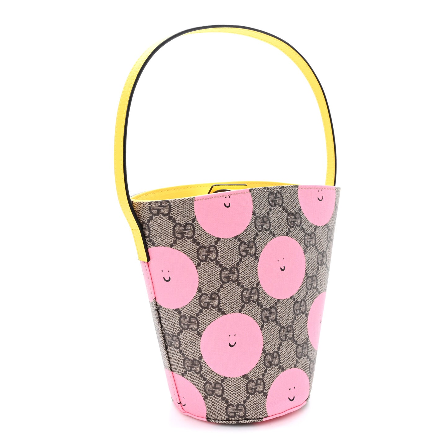 GG Supreme Monogram Childrens Printed Smile Bucket Bag Beige Dark Brown Yellow Pink