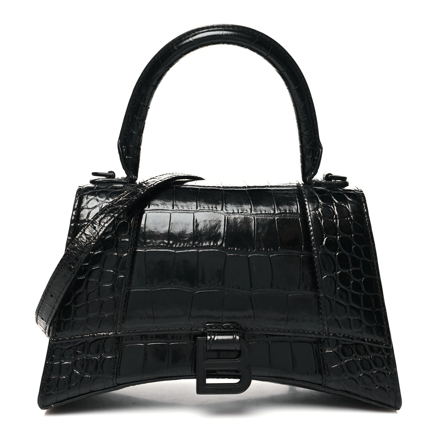 Shiny Calfskin Monochrome Crocodile Embossed Small Hourglass Top Handle Bag Black