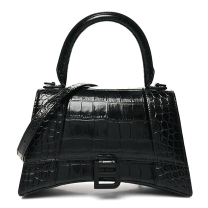 Balenciaga Shiny Calfskin Monochrome Crocodile Embossed Small Hourglass Top Handle Bag Black 1 of 11