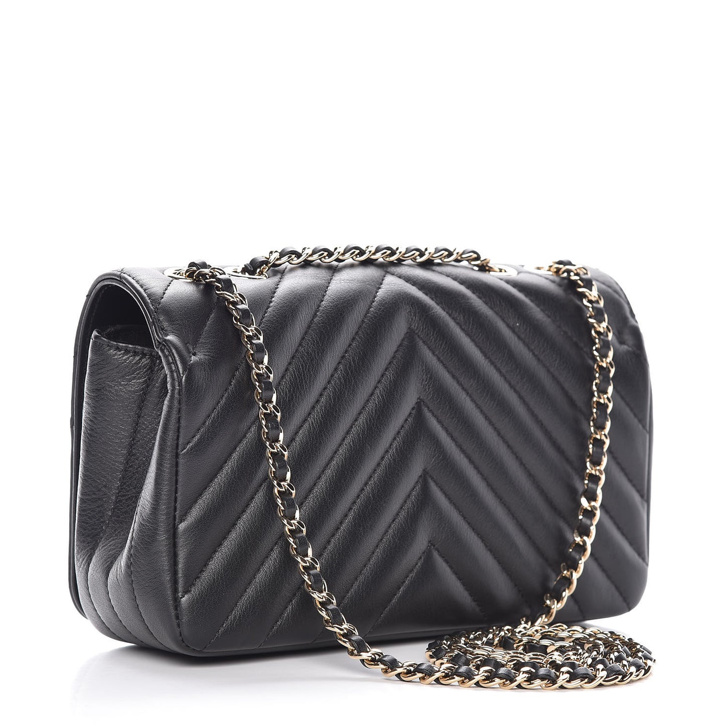 Calfskin Chevron Quilted Mini Statement Flap Black