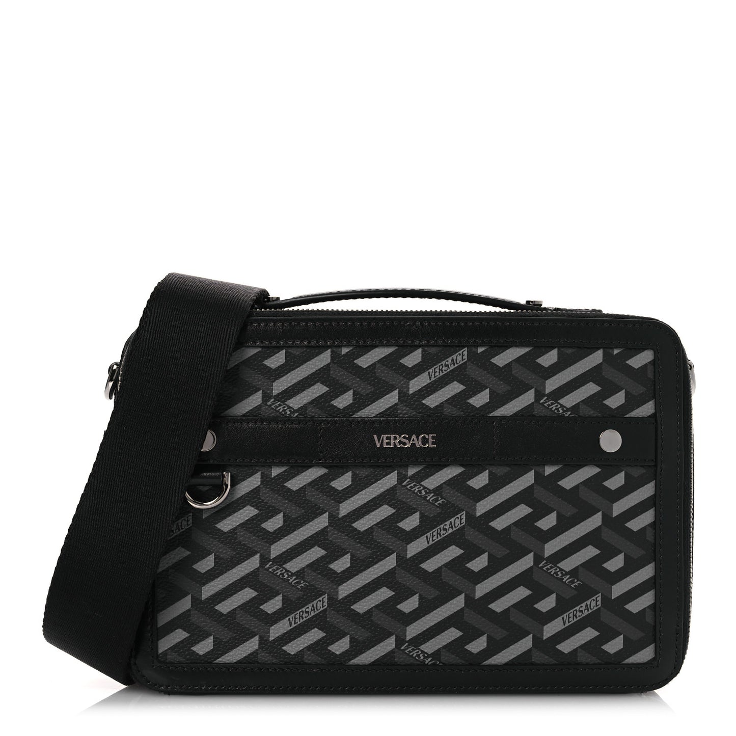 Coated Canvas La Greca Signature Messenger Bag Black Gray