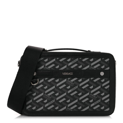 Versace Coated Canvas La Greca Signature Messenger Bag Black Gray 1 of 11