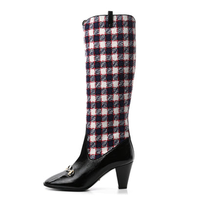 Gucci Tweed Naplack Check Zumi Knee Boots 39.5 White Hibiscus Red Maritime Black 1 of 8