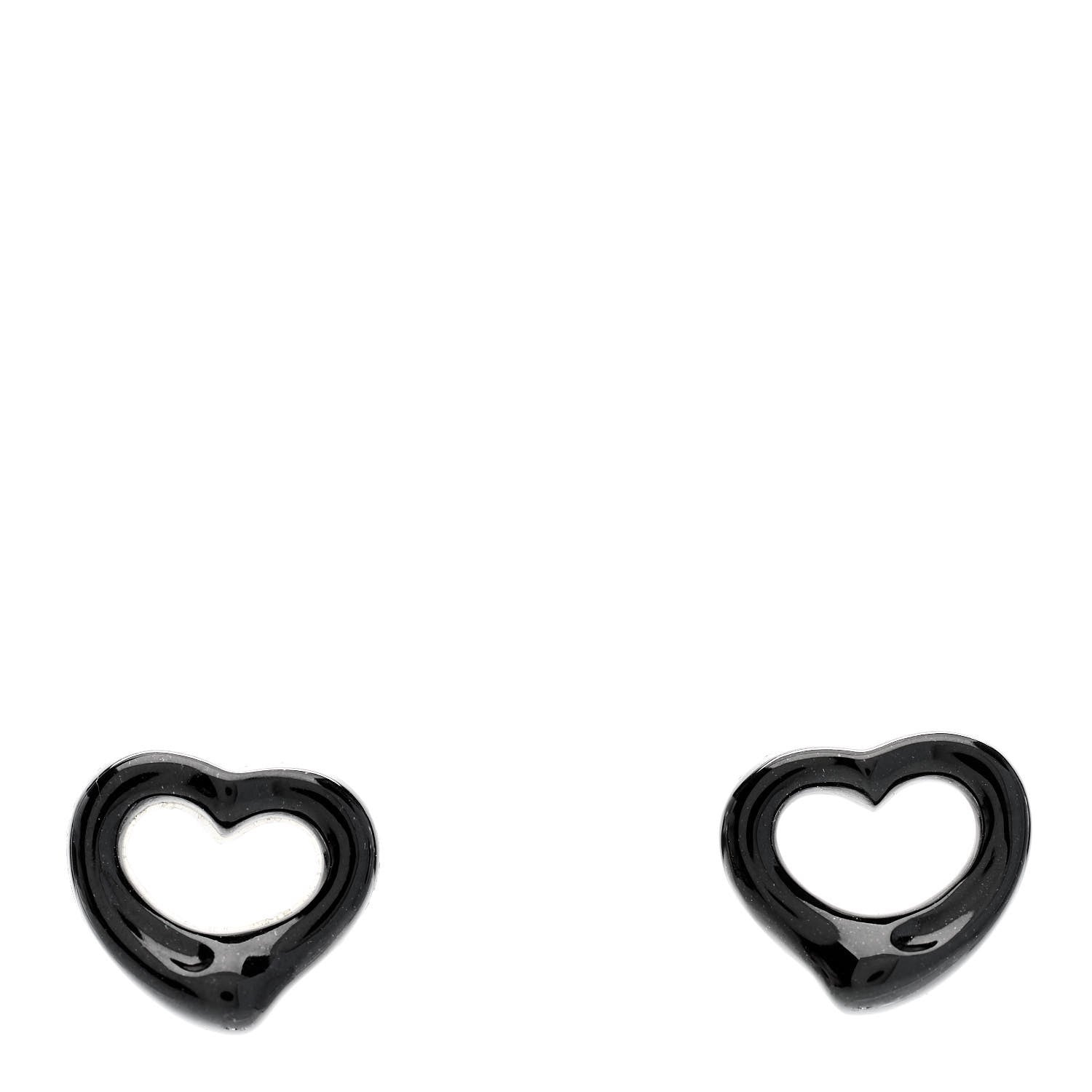 Tiffany Sterling Silver Black Jade Elsa Peretti 9mm Open Heart Earrings 1 of 5