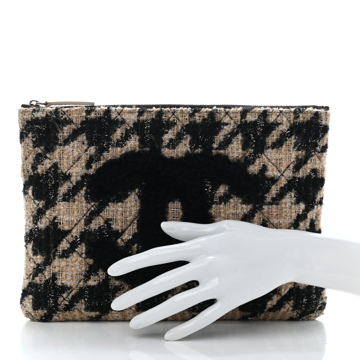 Chanel Tweed Shearling Quilted Chanel Cosmetic Pouch Beige Black 2 of 10