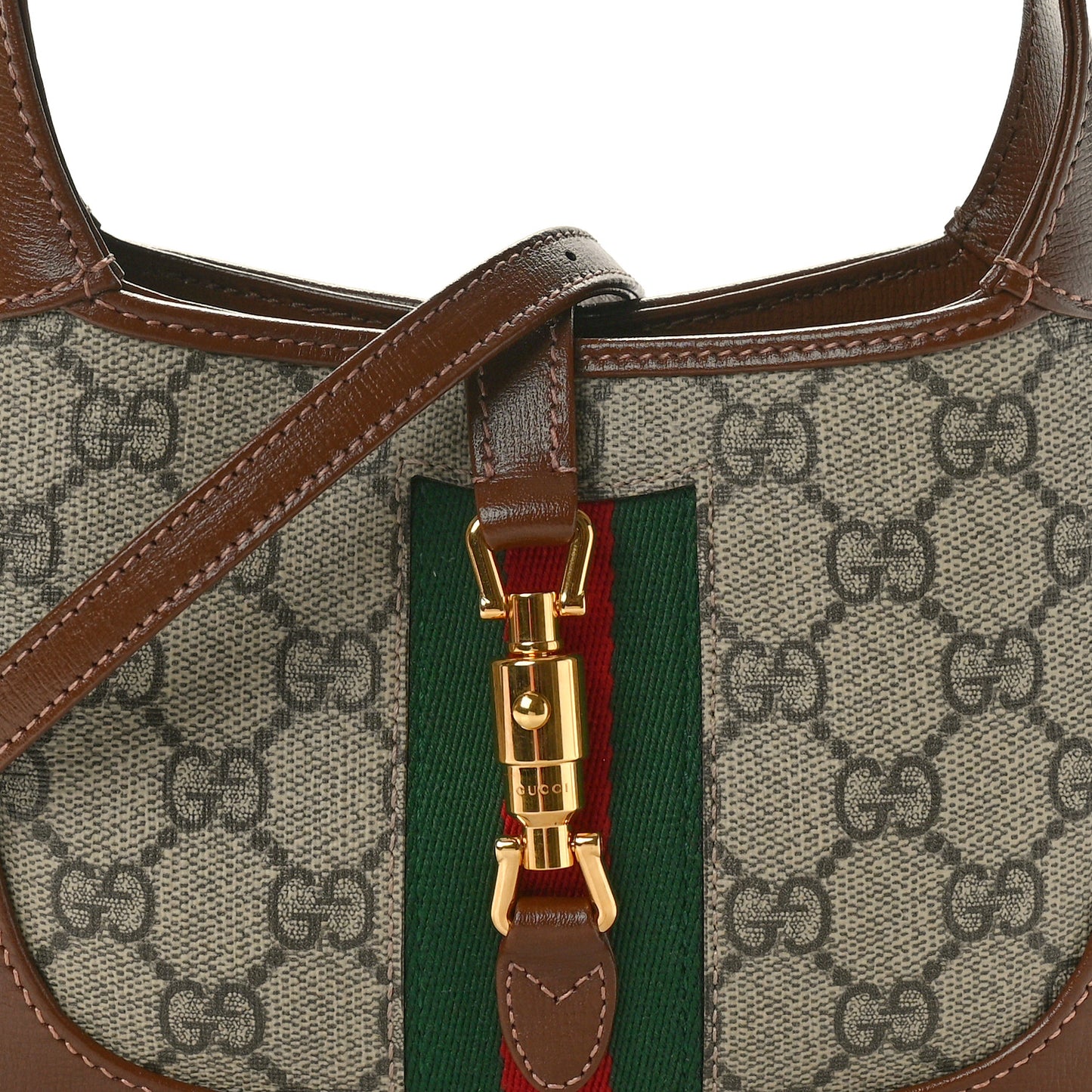 GG Supreme Monogram Azalea Calfskin Web Mini Jackie 1961 Hobo Beige Ebony Brown Sugar
