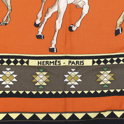 Hermes Cashmere Silk Les Chevaux Qataris Shawl 140 Rouille Black Kaki 3 of 4
