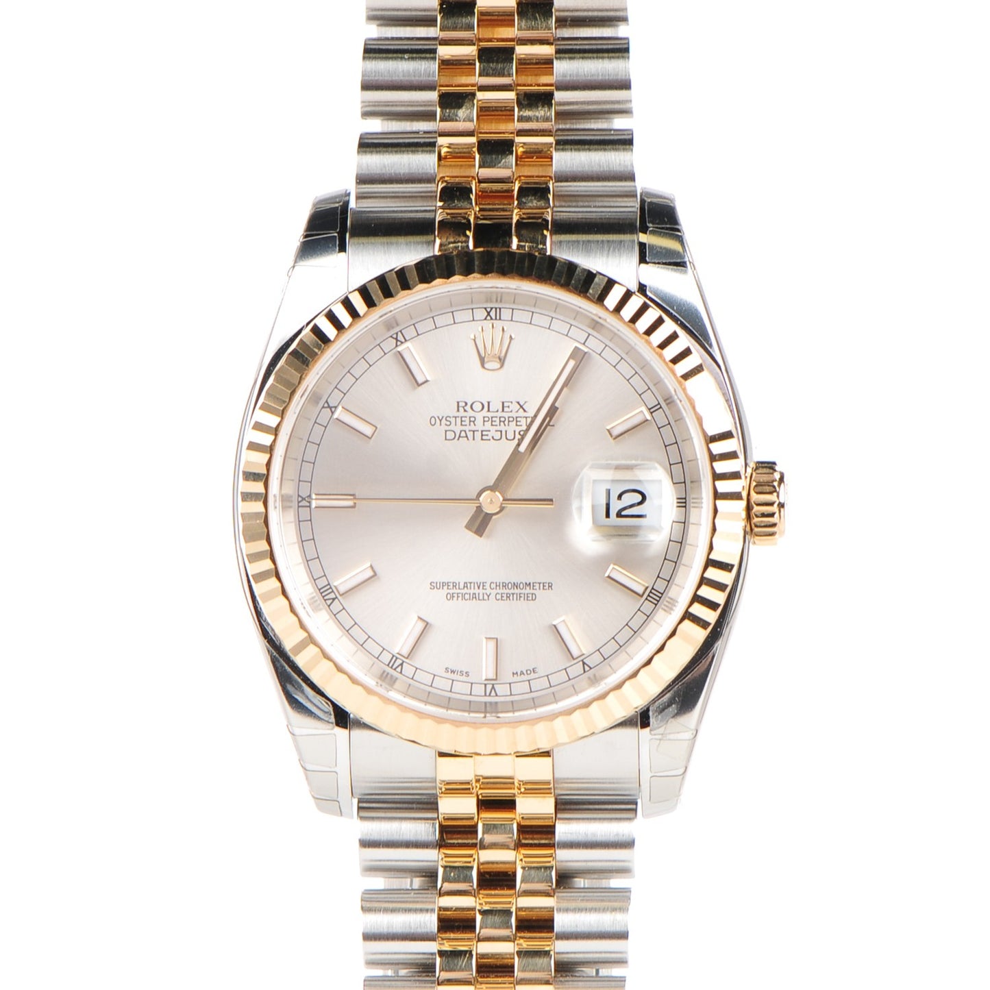 Stainless Steel 18K Yellow Gold 36mm Oyster Perpetual Datejust Watch Silver 116233