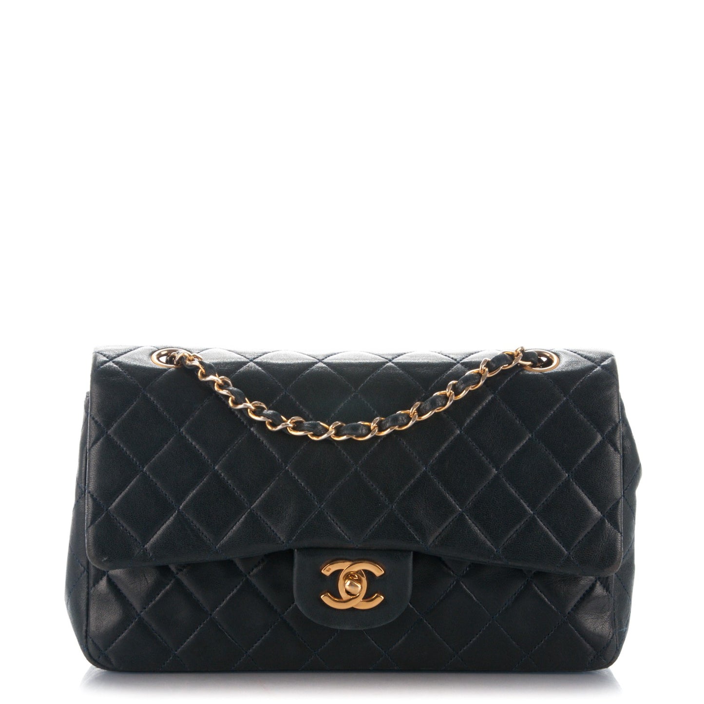 Lambskin Quilted Medium Double Flap Navy