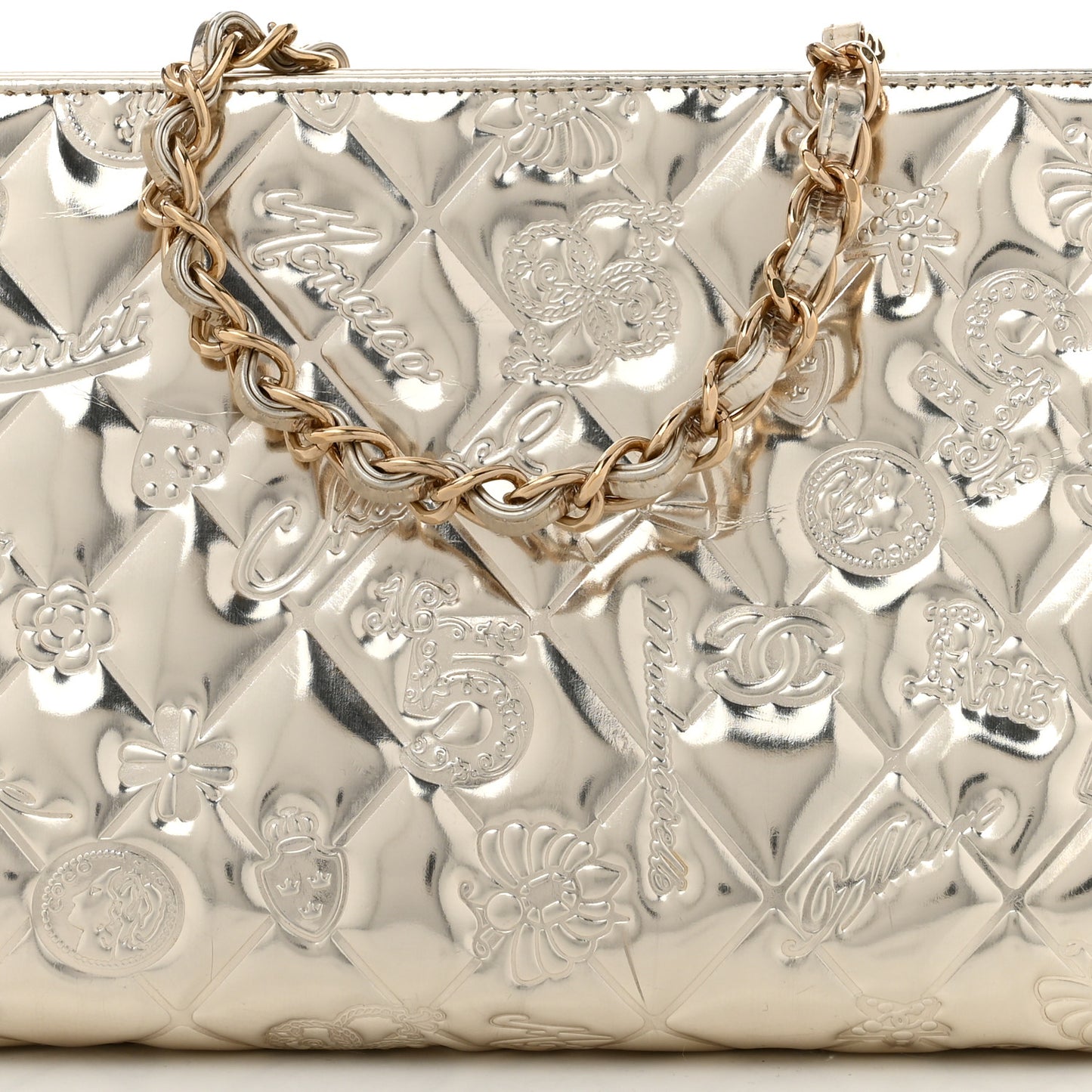 Metallic Patent Calfskin Lucky Symbols Pochette Gold