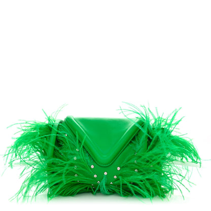 Bottega Veneta Lambskin Ostrich Feather Small Beak Triangle Flap Shoulder Bag Green 1 of 9