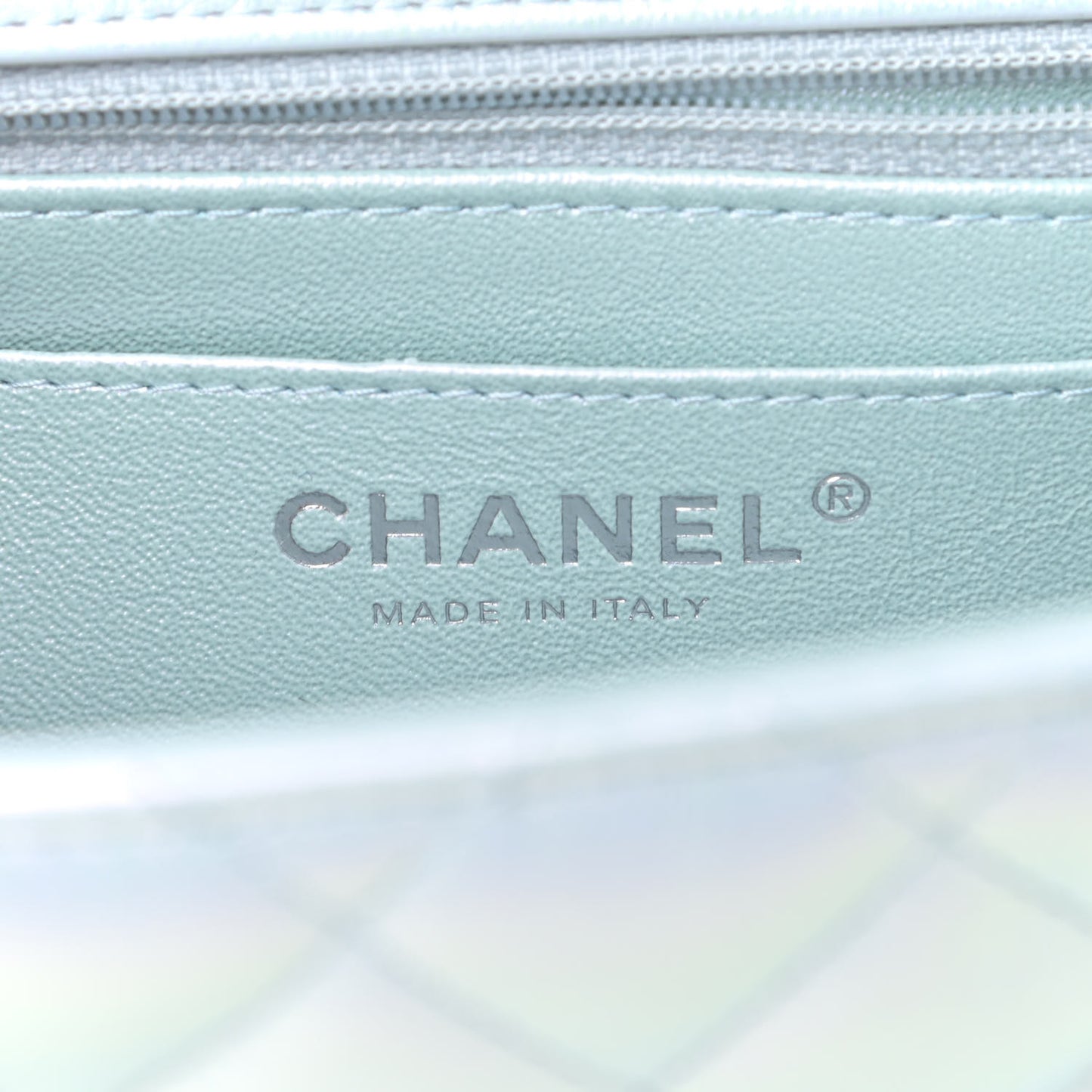 Iridescent Lambskin Quilted Mini Square Flap Light Blue
