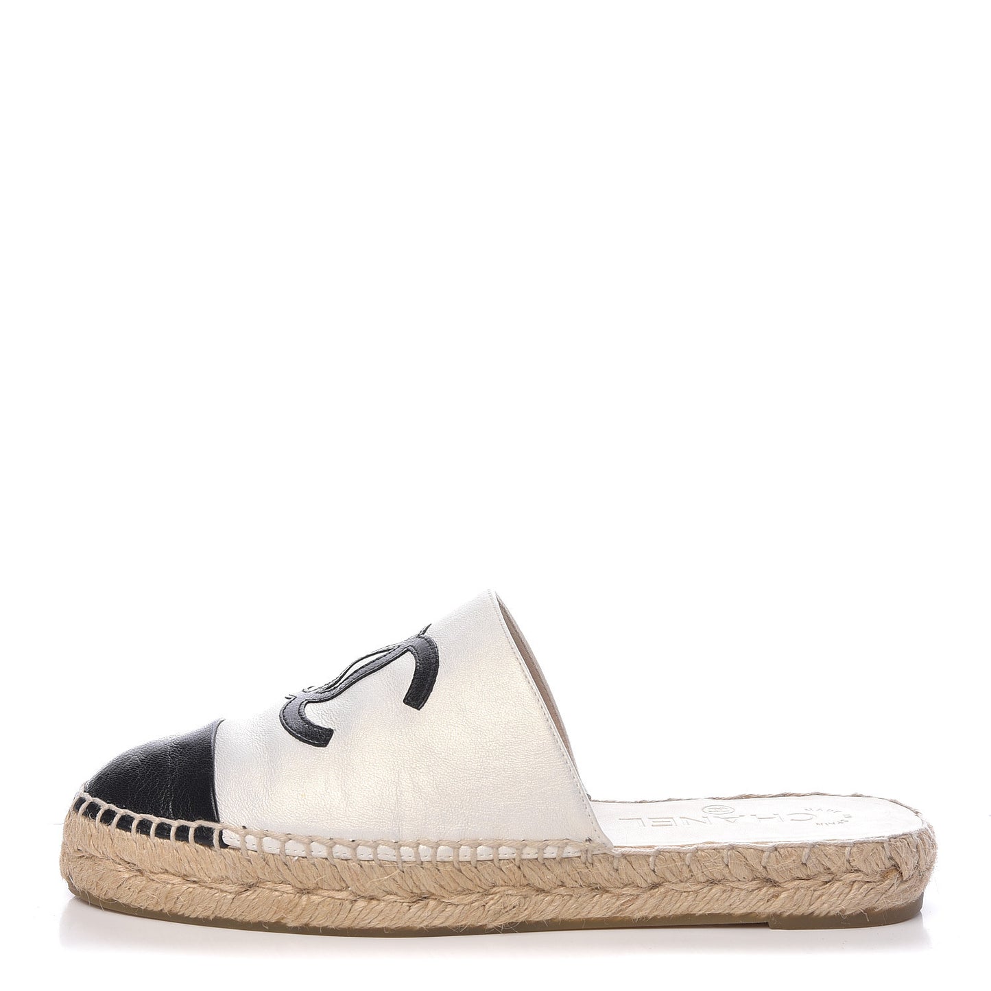 Iridescent Goatskin CC Espadrille Mules 36 Ivory Black