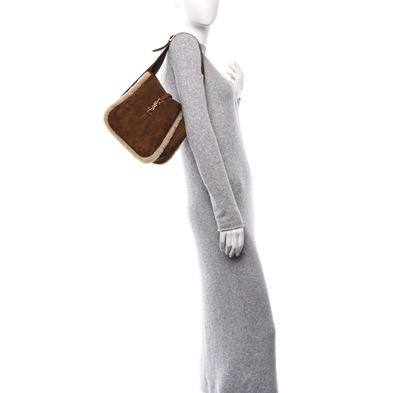 Saint Laurent Suede Shearling Small Le 5 A 7 Soft Hobo  Dark Sigaro Natural Beige 2 of 10
