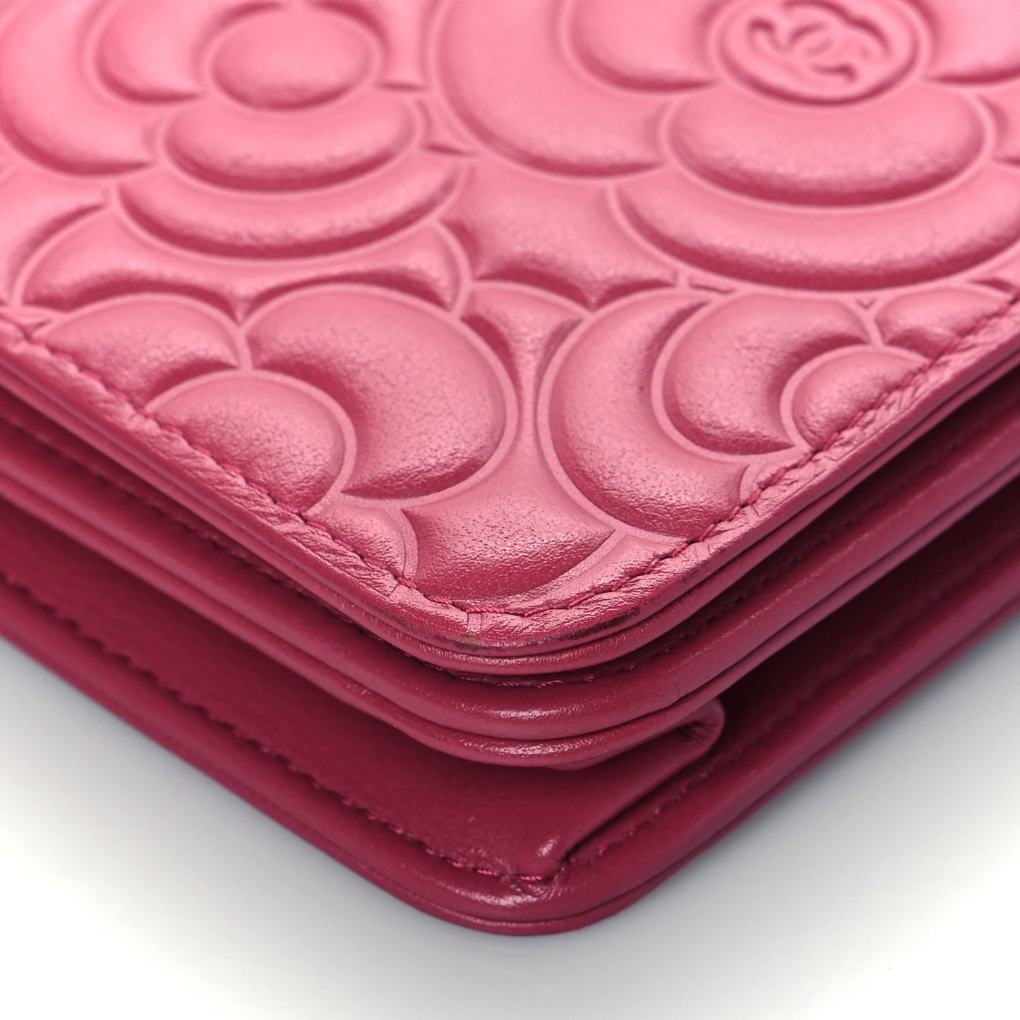 Lambskin Camellia Embossed Wallet On Chain WOC Fuchsia