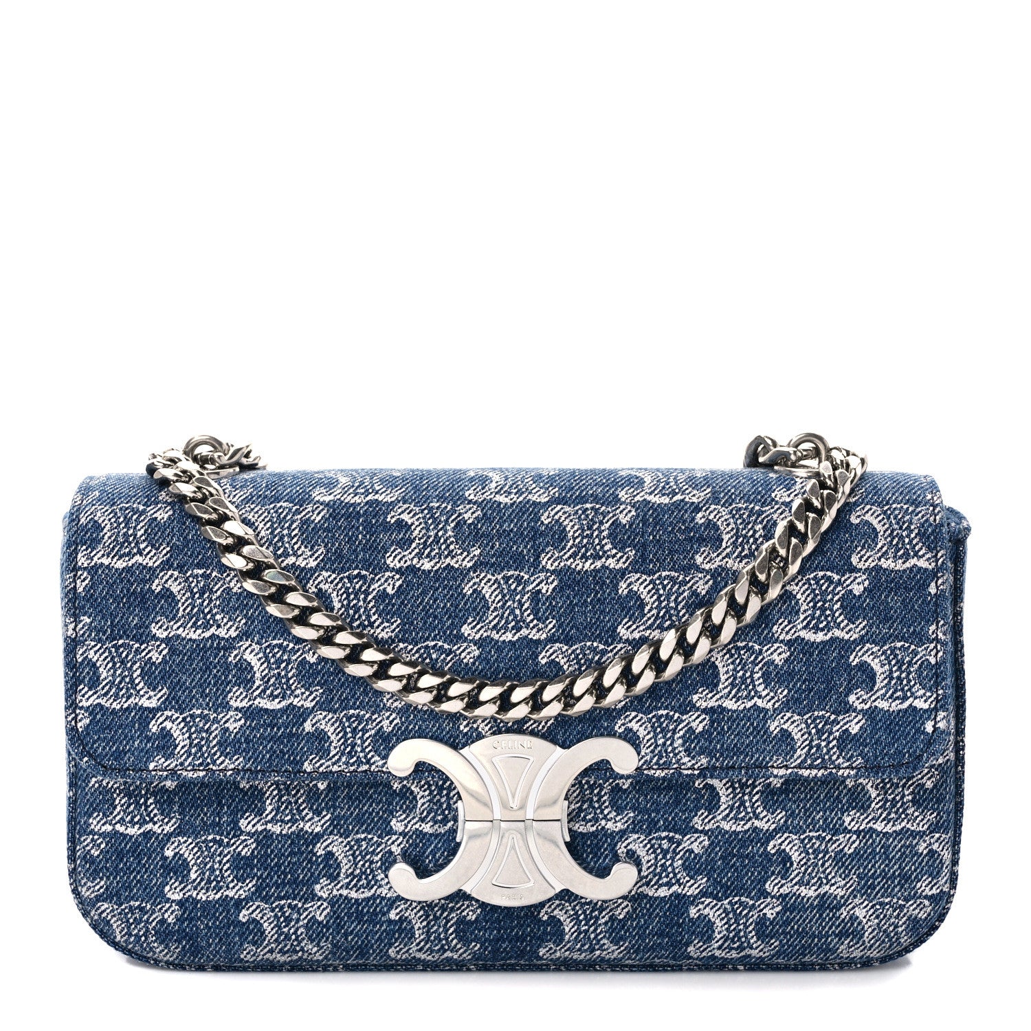 Celine Denim Triomphe Claude Chain Shoulder Bag Blue Silver 1 of 8