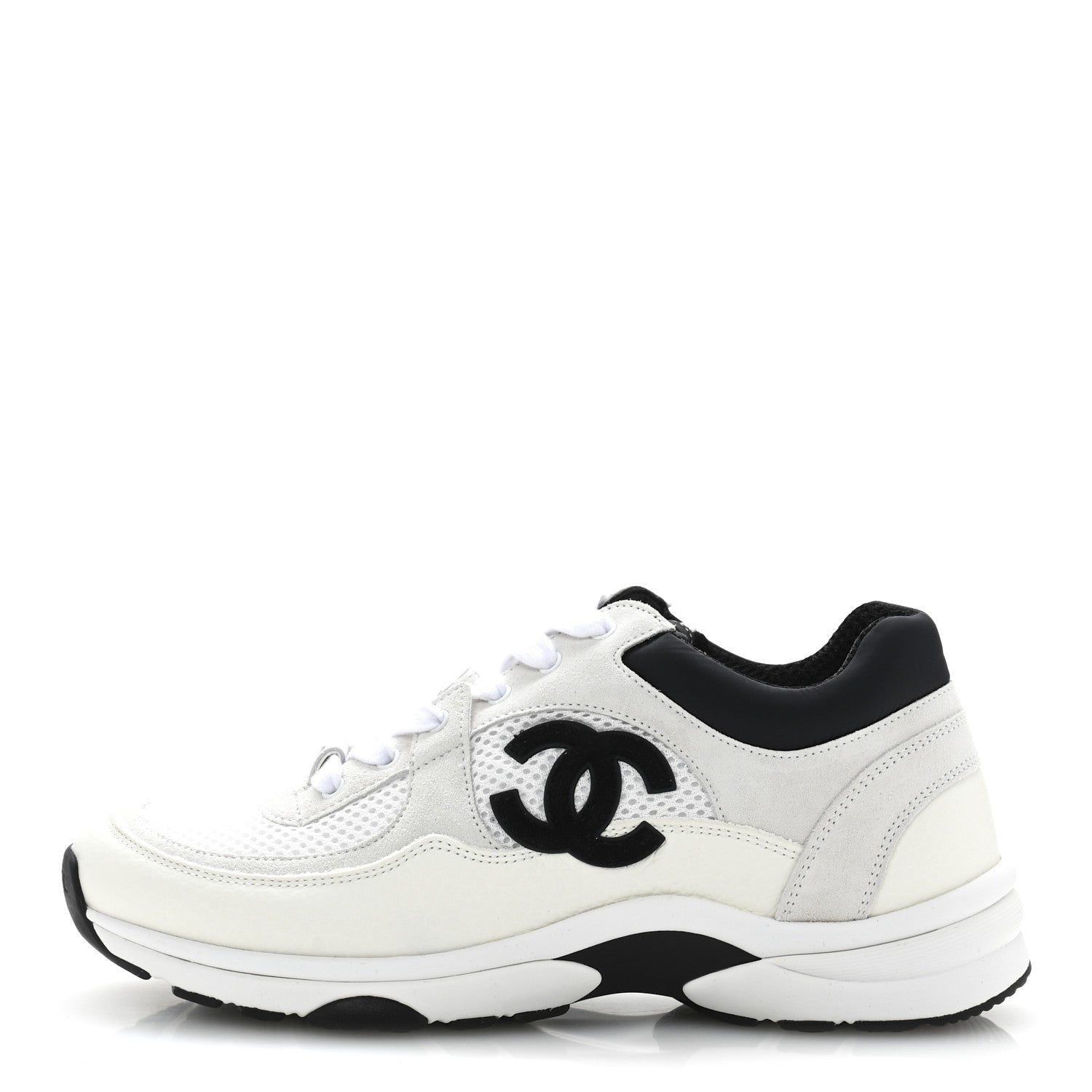 Chanel Mesh Suede Calfskin Grained Calfskin Womens CC Sneakers 37.5 White Black 1 of 8