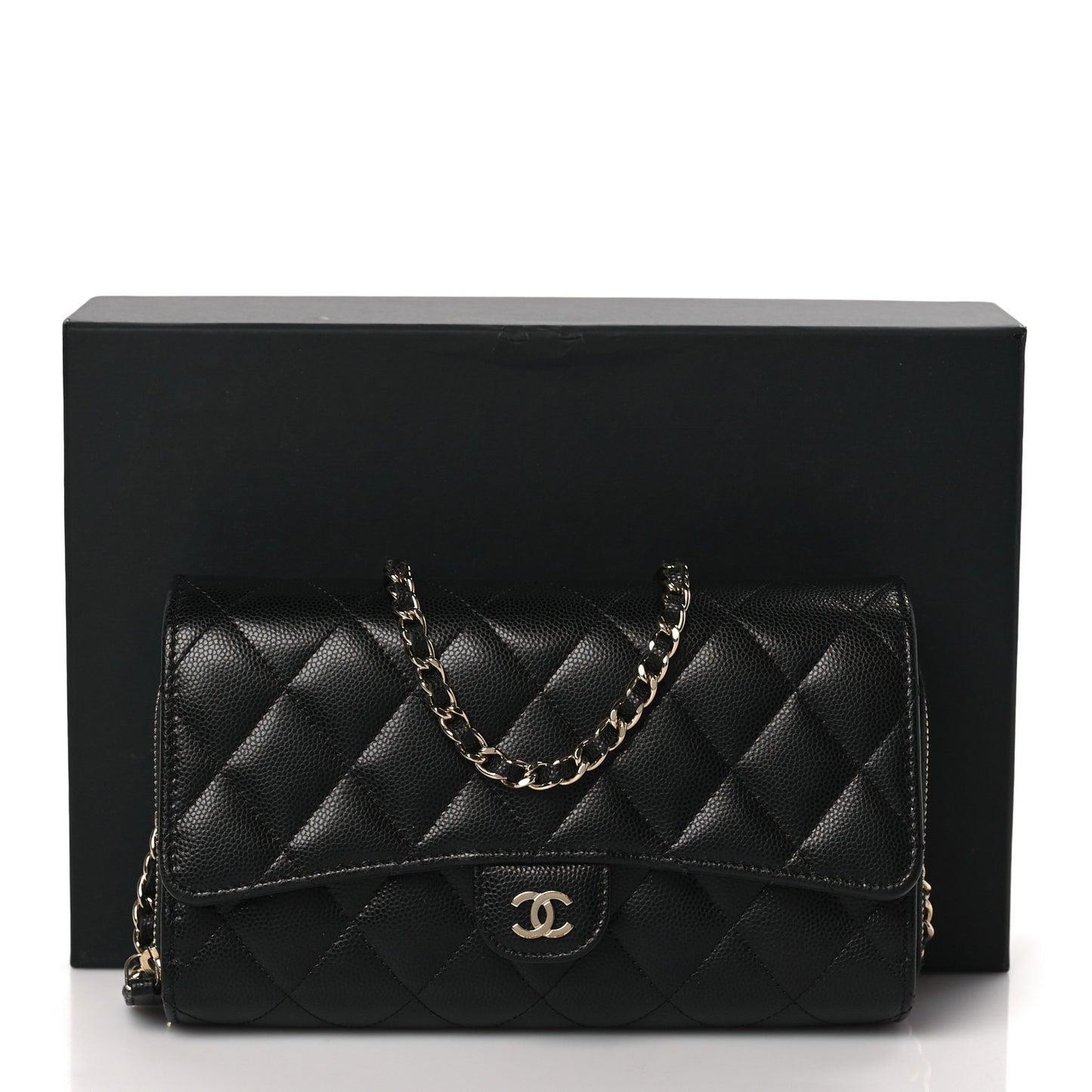 Caviar Quilted Phone Holder Wallet on Removable Chain Black