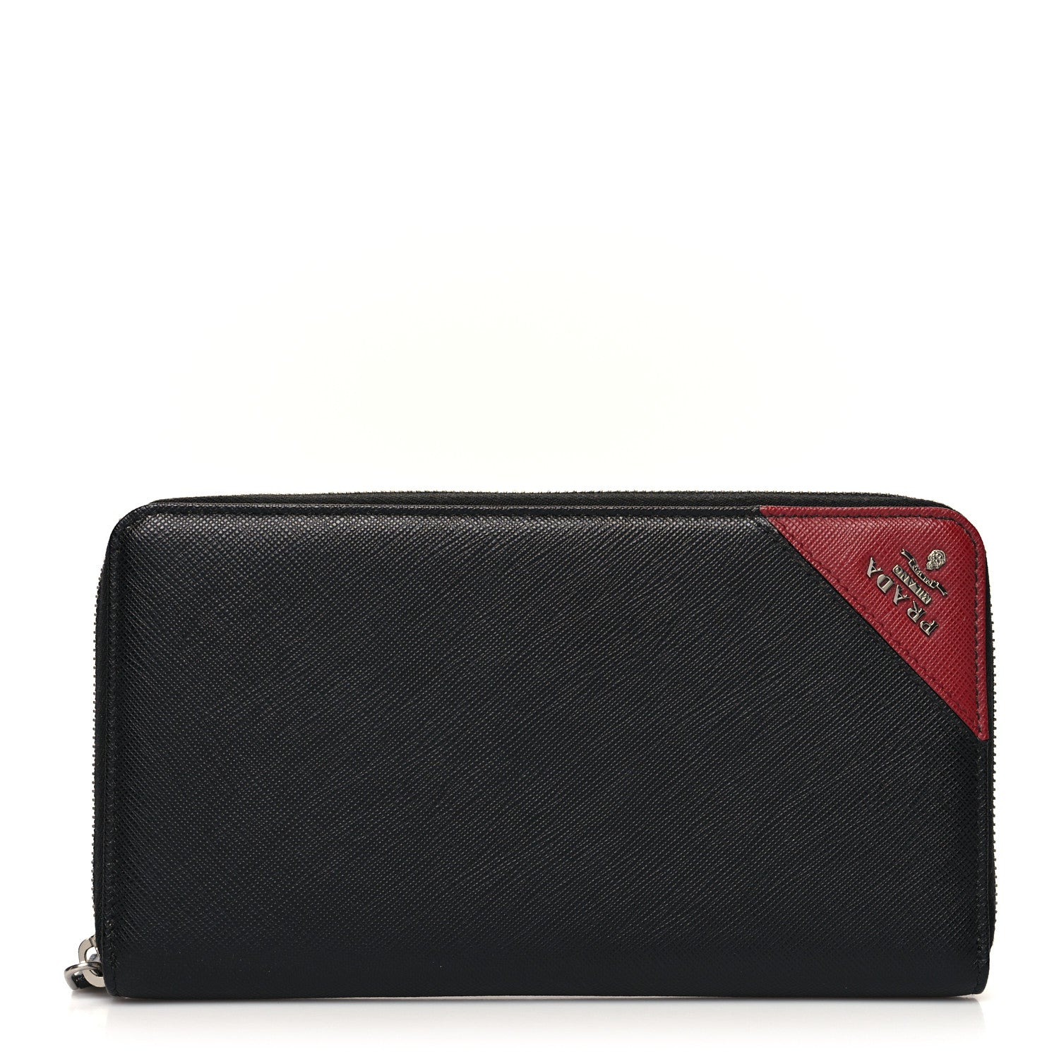 Prada Saffiano Metal Large Zip Around Travel Wallet Black Rubino 1 of 11