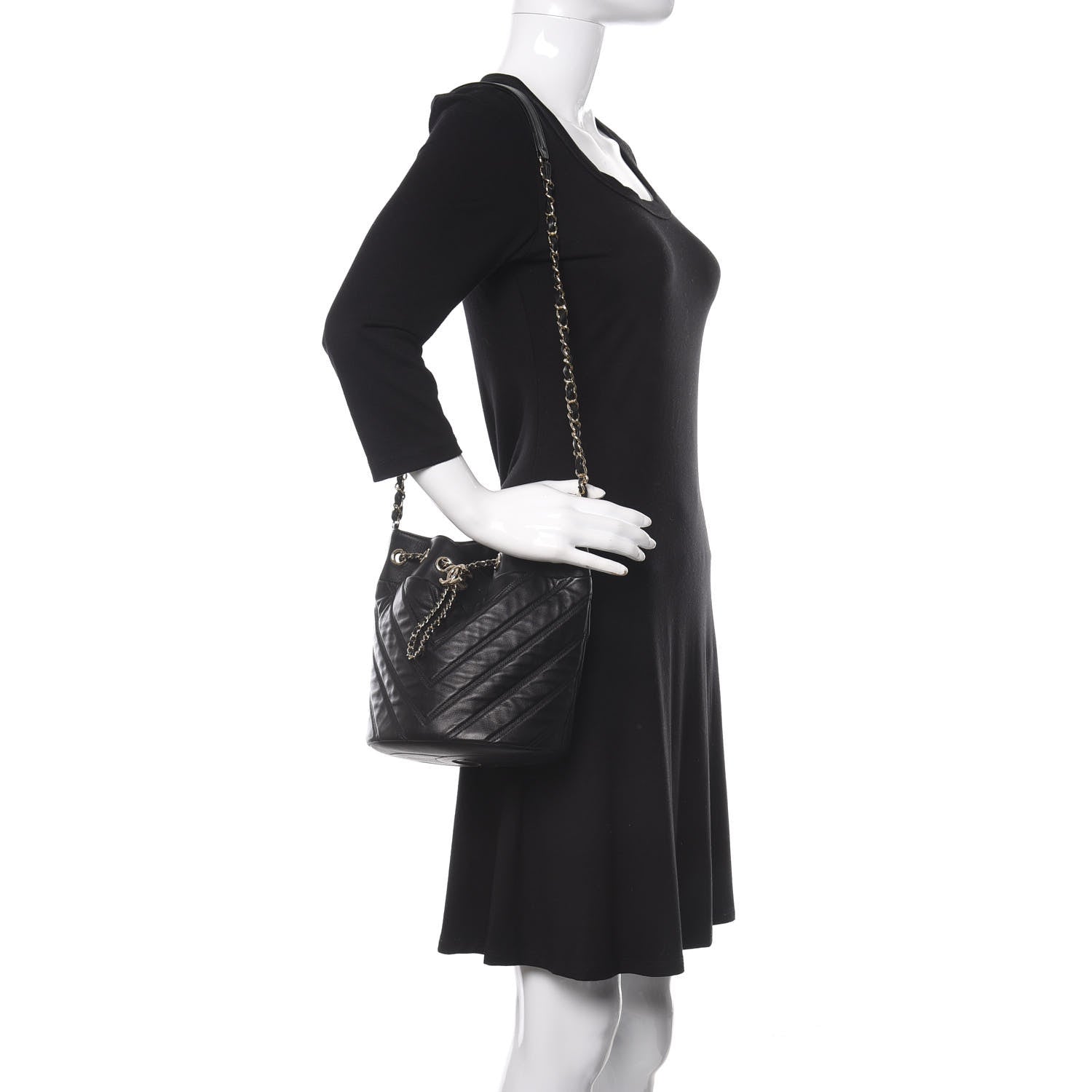 Chanel Lambskin Chevron Small Drawstring Bag Black 2 of 11