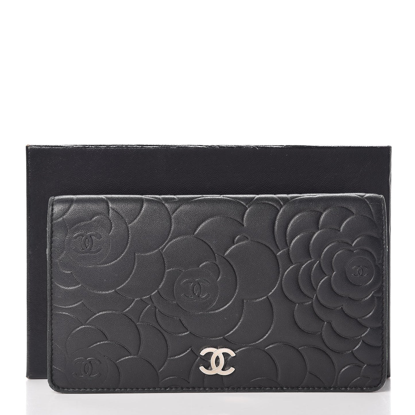 Lambskin Camellia Embossed Yen Wallet Black