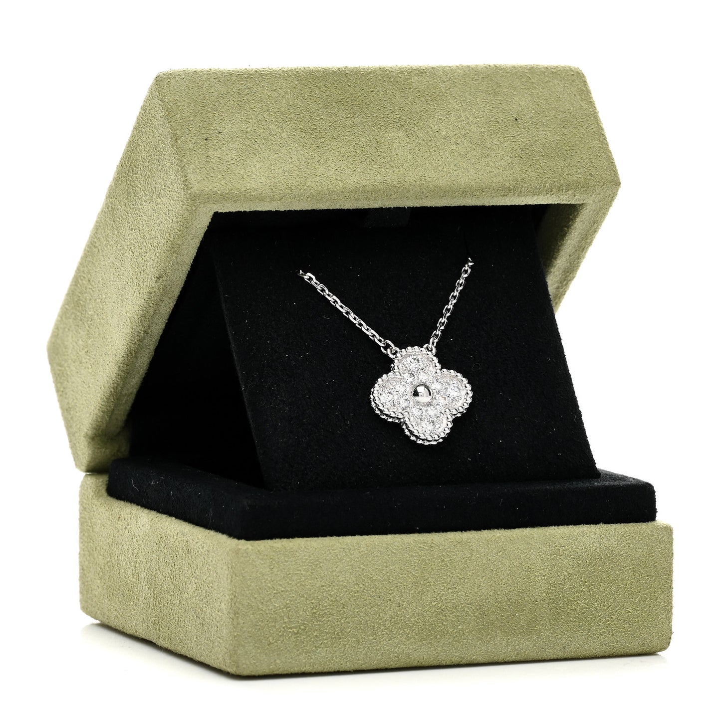 18K White Gold Diamond Vintage Alhambra Pendant Necklace