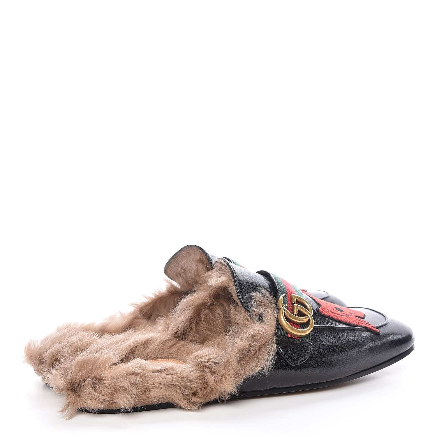 Gucci Goatskin Fur Web GG Skull Embroidered Mens Princetown Slippers 11 Black 4 of 9