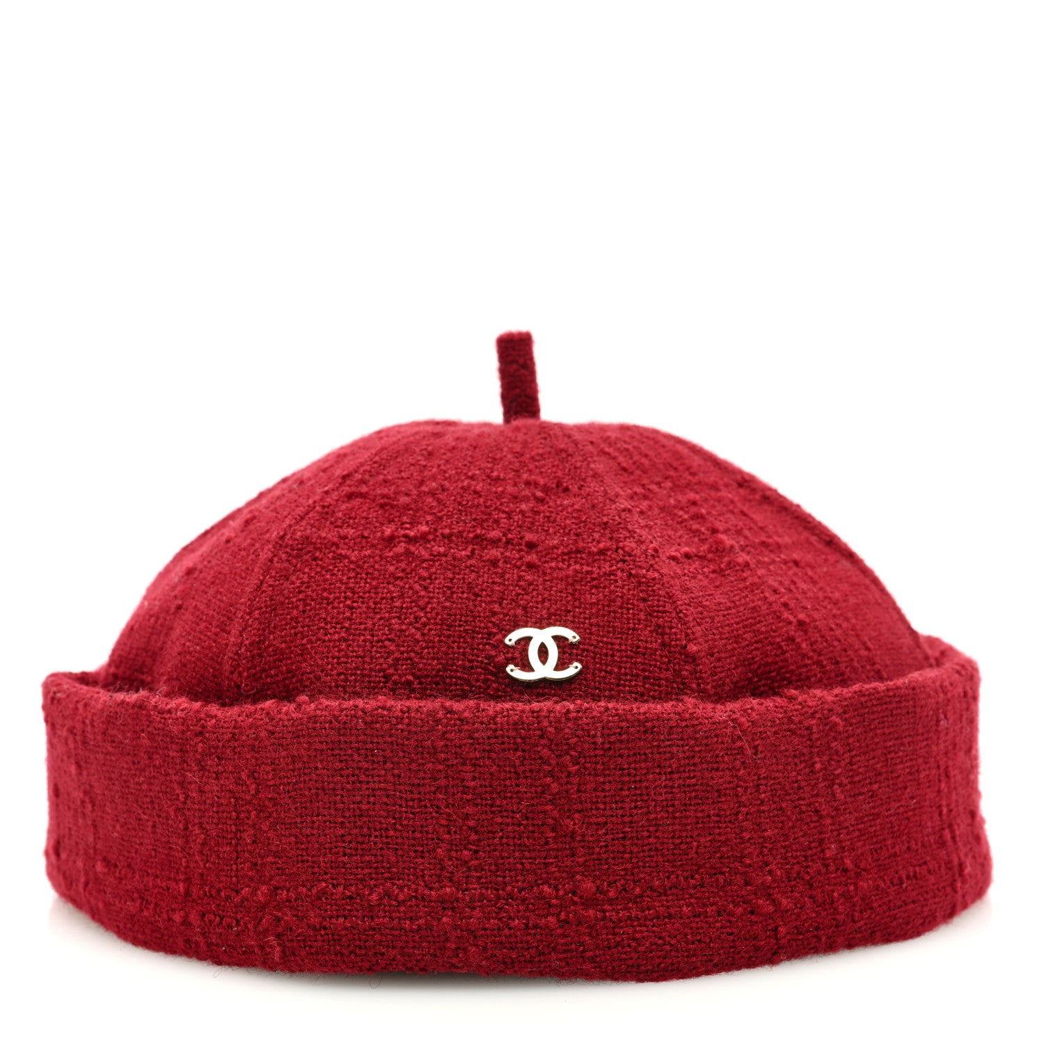 Chanel Wool Tweed CC Beret Beanie Hat L Burgundy 1 of 8