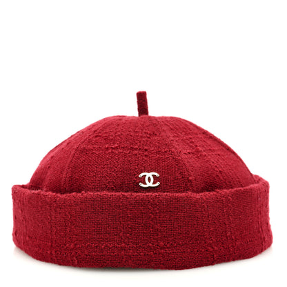 Chanel Wool Tweed CC Beret Beanie Hat L Burgundy 1 of 8