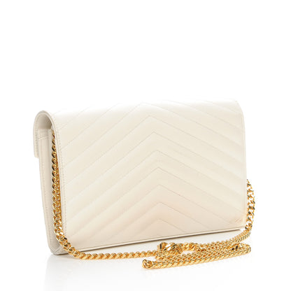 Saint Laurent Grain De Poudre Matelasse Chevron Monogram Chain Wallet White 3 of 9