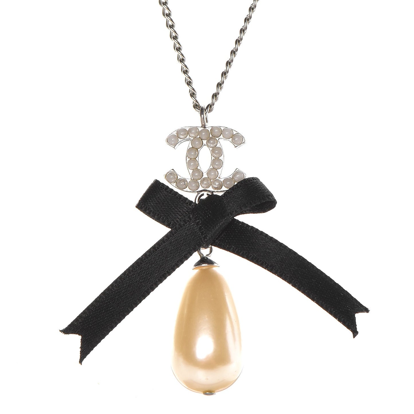 Pearl Ribbon CC Bow Necklace Black