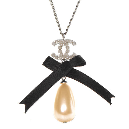 Chanel Pearl Ribbon CC Bow Necklace Black 4 of 6