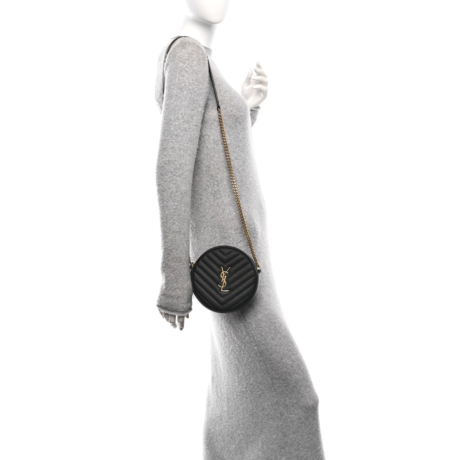 Saint Laurent Grain De Poudre Matelasse Chevron Quilted Round Vinyle Camera Bag Black 2 of 12